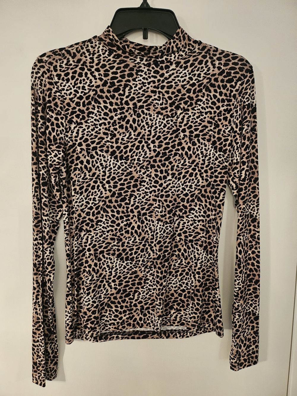 Leopard Print Mock-Neck Long Sleeve Top - Beige/Black